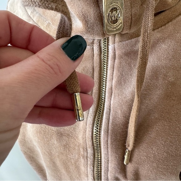 Michael Kors Tan and Gold Velvet Velour Funnel Neck Full-Zip Jacket - Picture 2 of 9